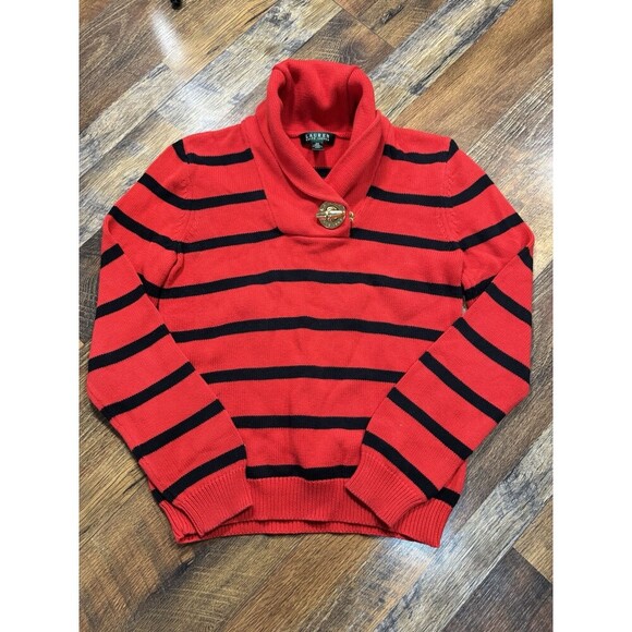 Lauren Ralph Lauren Womens Tunic Sweater XS Red Blue Stripe Wool Cowl Neck - Picture 1 of 4
